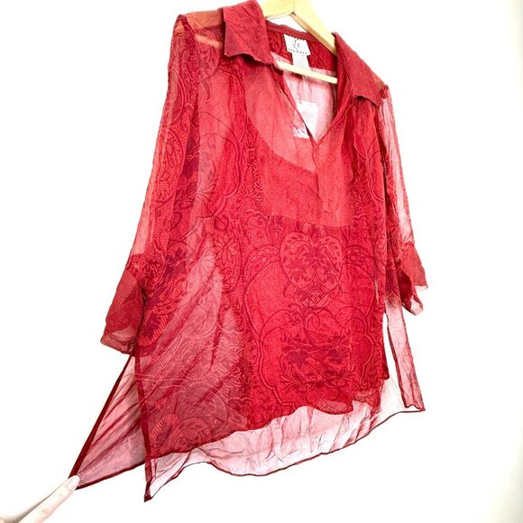 Vintage Ice Red Silk Sheer Blouse 2Piece Layered Camisole 1X Whimsigoth Romantic - Picture 2 of 14